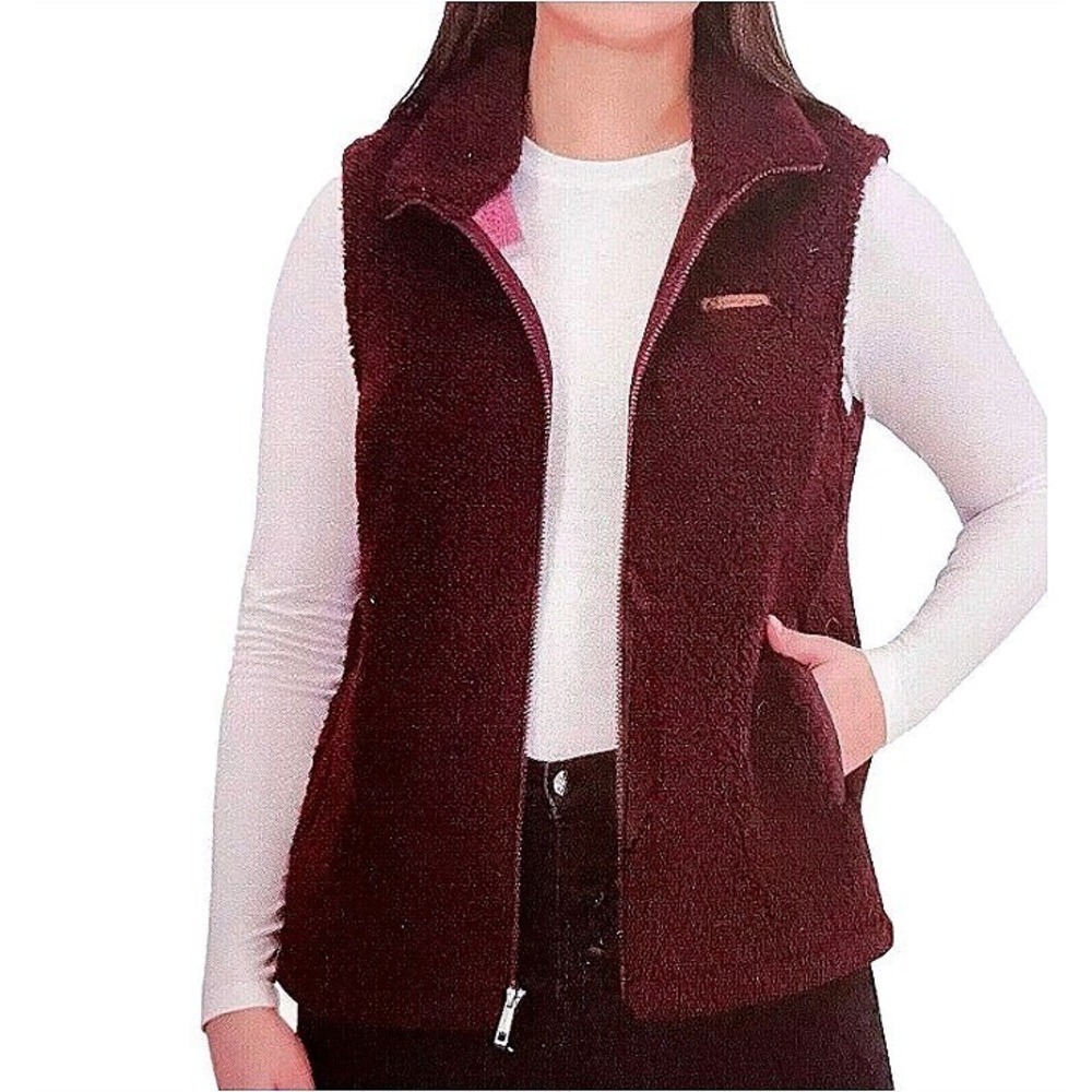 Sage Collective Women's Sherpa Fleece Full Zip Vest Burgundy Plaid Lined Size M
